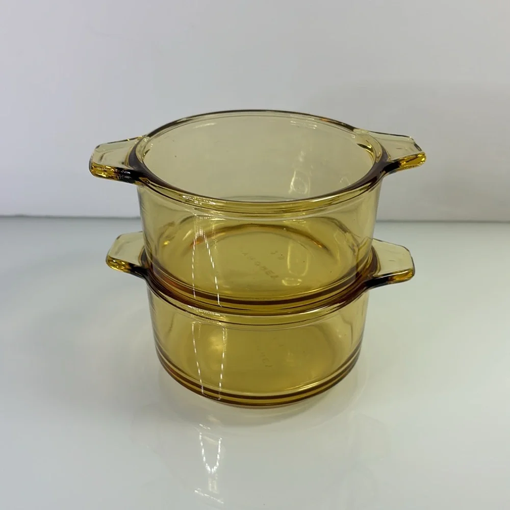 Vintage 1960’s Pyr-o-Rey Dynaware Amber Glass Casserole Dish Bowls 4.5” lot of 2